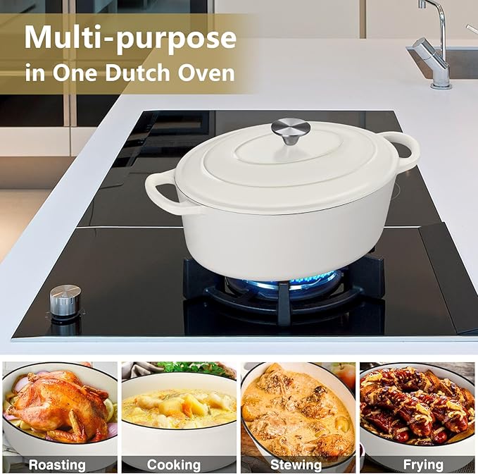 P&P CHEF Oval Dutch Oven with Lid, Enameled Cast Dutch Oven Pot for Bread Baking, Braising, Stewing, Roasting, Non-Stick & Oven Safe, Dual Handles & Easy Clean, 5QT & White