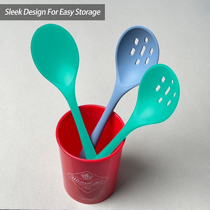 Silicone Spoons for Cooking - Extra Large Kitchen Spoons for Mixing, Serving, & Stirring - 600째F Heat-Resistant Non Stick Utensils Ladle & Skimmer- Dishwasher Safe, Teal