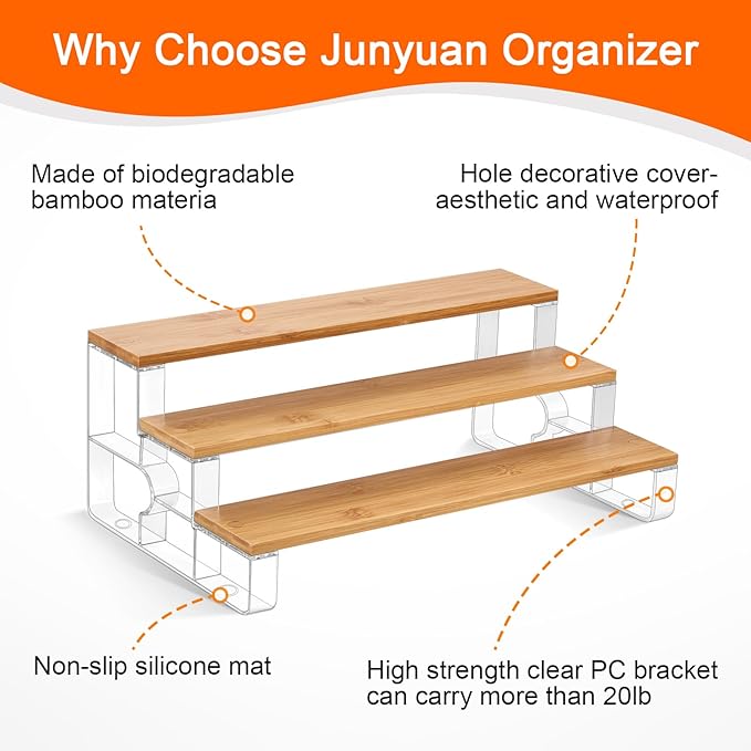 junyuan Spice Rack,3 Tier Spice Organization for Cabinet,Seasoning Organizer,Kitchen Counter Shelf,Bamboo Tiered Display Stand,Clear Extended Width 14"