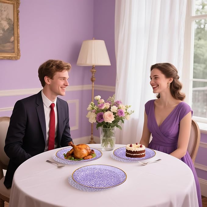 SUT 100Pcs Purple Plastic Plates, Hammered Plates Disposable Heavy Duty, Purple Disposable Plates With Gold Rim, Fancy Plastic plates Include 50 Dinner and 50 Dessert plate for Wedding