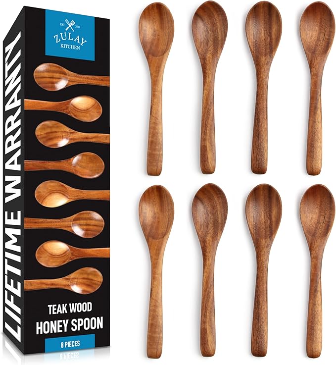 Zulay Kitchen Teak Wood Small Honey Spoons Set ??8 Piece Mini Wooden Honey Dippers, Handcrafted Natural Teak Wood, Durable, Smooth Finish & Food-Safe Design