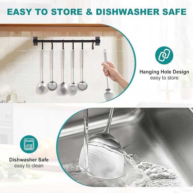 6Pcs Stainless Steel Kitchen Utensils Set ??Cooking Utensils Set Stainless Steel, Metal Cooking Utensils with Wok Spatula, Serving Spoons,Ladle Set??Durable Cooking Supplies for Home and Camping