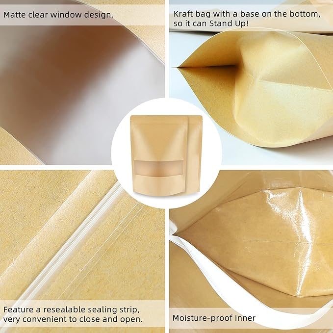 100 Pcs Kraft Stand Up Pouches 7.1 x 10.2 Inch Resealable Zip Lock Food Storage Bags with Matte Window for Packaging