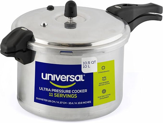 Universal (10.5 Quart / 10 Liter) Ultra Pressure Cooker, Pressure Pot with 6 Safety Systems, Aluminum Pressure Cooker for 11 Servings, Even Heat Distribution, Diameter 10.4 inches, Height 10.6 inches