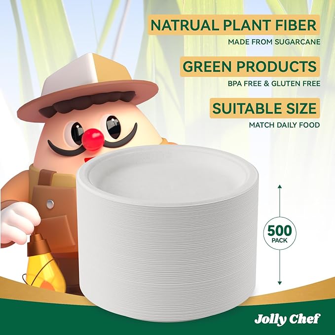 JOLLY CHEF Compostable Heavy Duty Plates ?윮?윭 ?뿙?뿻?뿰?뿵 [?윶?윭?윭 ?뿣?뿮?뿰?뿸] Eco-Friendly Disposable White Uncoated Paper Plates Bagasse Sugarcane Biodegradable for Hot Cold Food Party Dinner Christmas