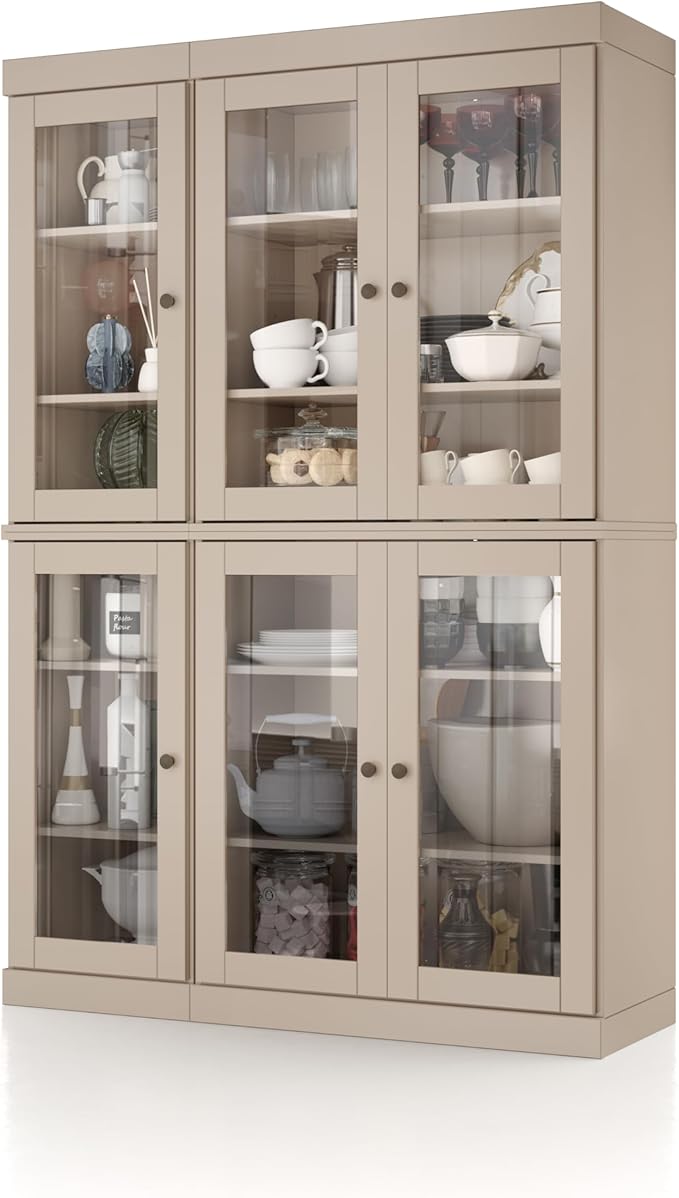 Palace Imports 100% Solid Wood 48.5" Pantry China Cabinet with Clear Glass Doors and Adjustable Shelves (Beige)