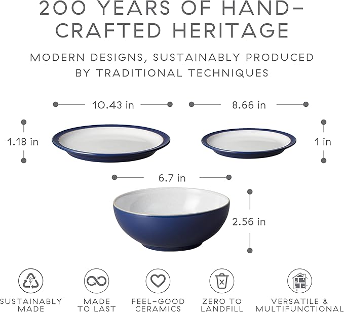 Denby - Elements Dark Blue 3 Piece Set For 1 - Contemporary One Person Ceramic Tableware - Dishwasher & Microwave Safe, Scratch Resistant Stoneware - Includes 1 x Large Plate, Side Plate & Cereal Bowl
