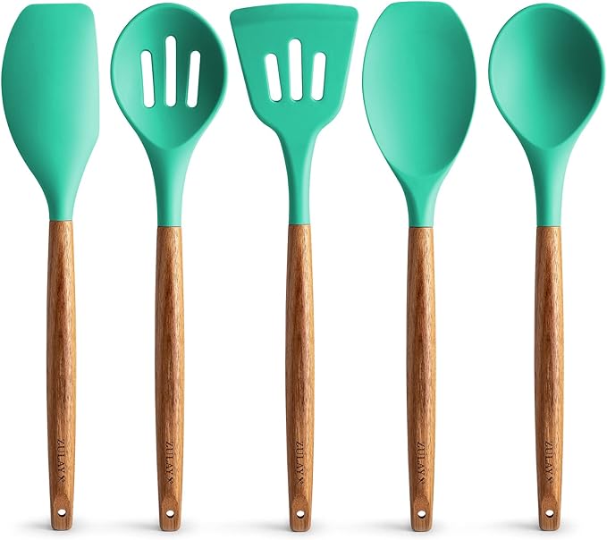 Zulay Kitchen Non-Stick Cooking Utensils Set with Authentic Acacia Wood Handles ??5-Piece Durable & Stylish Silicone Kitchen Utensils Set ??Heat Resistant to 464째F ??Mint