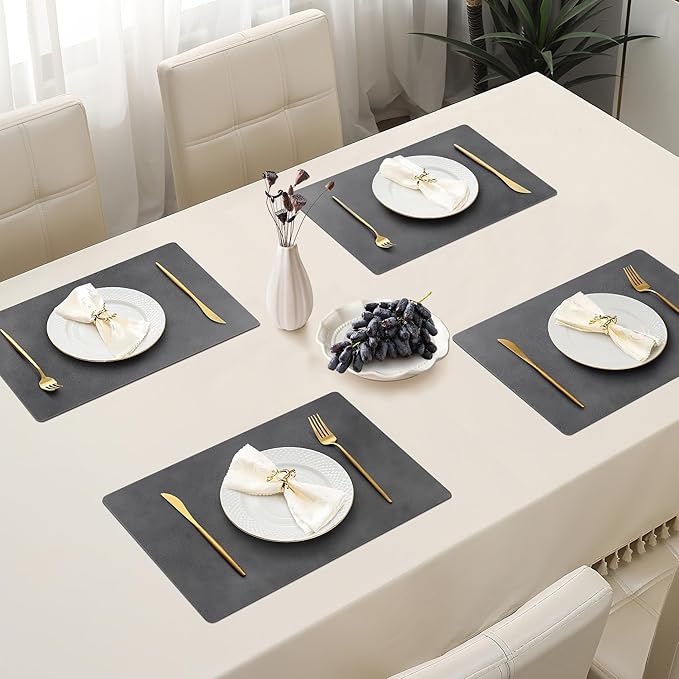 Roxifina Faux Leather Placemats Set of 8 - Vinyl Placemats Wipeable Waterproof Oil-Proof PU Place Mats Heat Resistant Reversible Table Mats for Dining, Kitchen, Outdoor, 12 x 17 Inch (Washed Black)