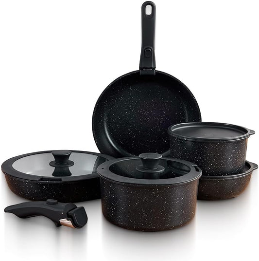 GOURMETIFIC짰 Pots and Pans Cookware Set [11 PIECES] - Non Toxic Ceramic Coated Cooking Ware - Induction, Gas & Oven Kitchenware - Non Stick Pot & Pan with Removable Handles & Stackable (Black)