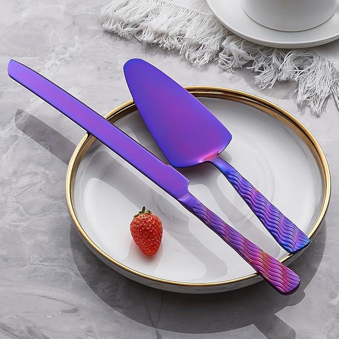 Purple Wedding Cake Knife and Server Set, Stainless Steel Cake Cutting Set, Cake Cutter and Pie Server for Wedding, Birthday, Party