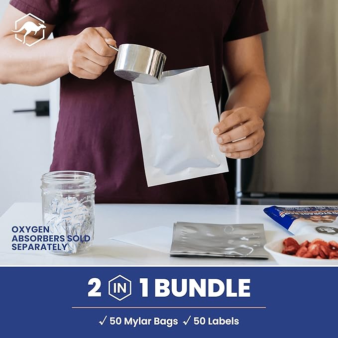 Wallaby 50 Count 1-Pint Mylar Bags with Labels, 10 Mil Total Thickness Long-Term Food Storage Pouches, 6x8 Heat-Sealable Airtight Packaging - Silver