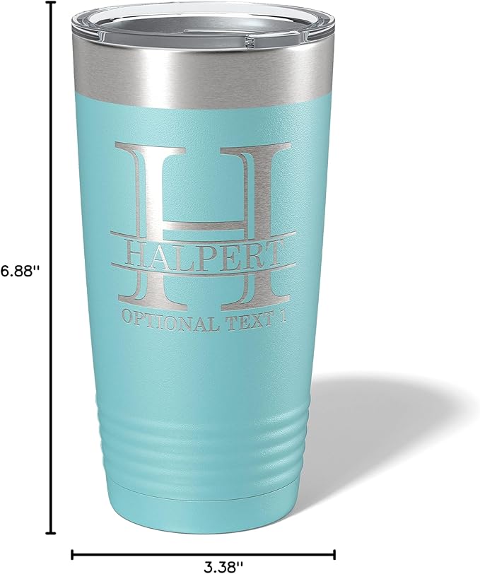 Personalized 20oz (17 Colors) Powder Coated Insulated Stainless Steel Tumbler with Lid, Custom Etched, Customized Engraved Gift Idea for Women Men Her Him, Halpert Monogram Initial Name (Teal)