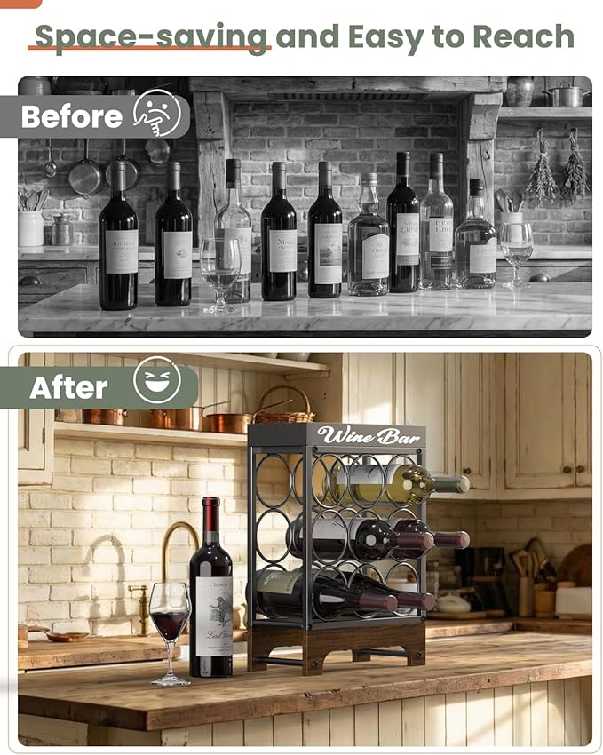 Countertop Wine Rack - 9 Bottle Freestanding with Top Tray, Modern Black Metal &Wood, 3 Tier Tabletop Wine Holder Stand for Home Kitchen Bar, Cabinet, Pantry, Wine Bottle Storage