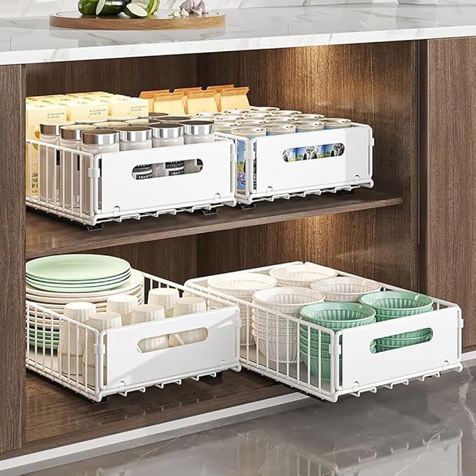 Pull Out Cabinet Organizer Slide Out Drawer Storage Shelves Cupboard Organiser Sliding Cabinet Basket for Kitchen No Drilling and Nailing (White, 2Piece 9.8" W X15 D X 7.5" H)