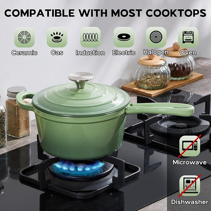 Onader Cast Iron Sauce Pan Pot, 2QT Small Saucepan with Lid, Enameled Cast Iron Dutch Oven Cooking Kitchen Pot ??Pistachio Green