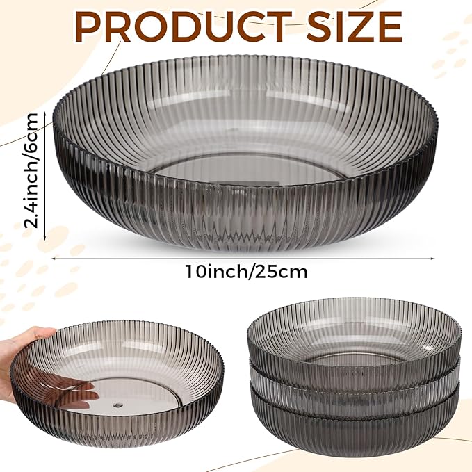 10 Pack 10 Inch Large Plastic Serving Bowls Salad Mixing Bowl Vertical Ribbed Pattern Buffet Party Serving Bowls for Vegetable Fruit Salad Candy Chip Popcorn Snack(Glacier Grey)
