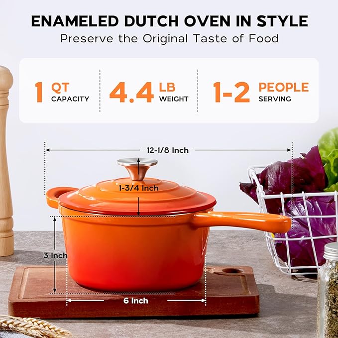 Onader Enameled Cast Iron Sauce Pan Pot, 1QT Saucepan with Lid, Small Enamel Dutch Oven Kitchen Cooking Pot ??Sunset Orange