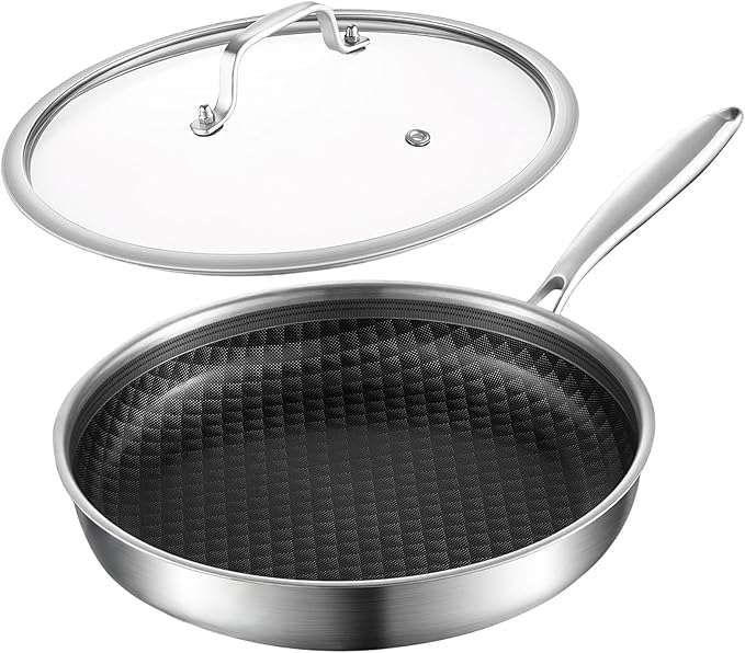 DELARLO 10 inch Tri-Ply Stainless Steel Frying Pan With Lid, Nonstick Omelette Pans, Small Egg Pan Durable Chef's Pan,Induction Kitchen Skillets, Compatible with All Cooktops, Up to 600℉
