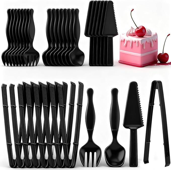 30 Pcs Disposable Plastic Serving Utensils Set Include 8.5'' Serving Spoons Forks 9'' Tongs and Knives for Birthday Party Buffet Dinner Food Salad Utensils Christmas (Black)