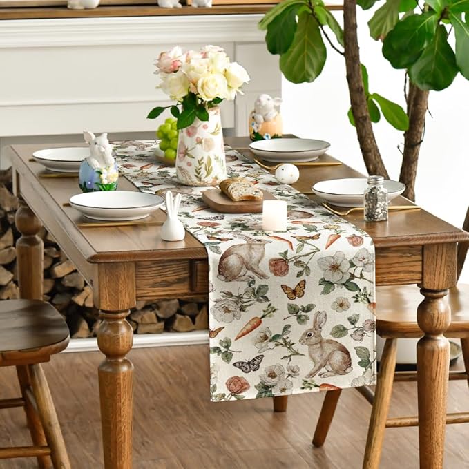 Artoid Mode Bunny Carrots Flower 210 GSM Easter Table Runner, Seasonal Spring Kitchen Dining Table Decoration for Home Party Decor 13x108 Inch