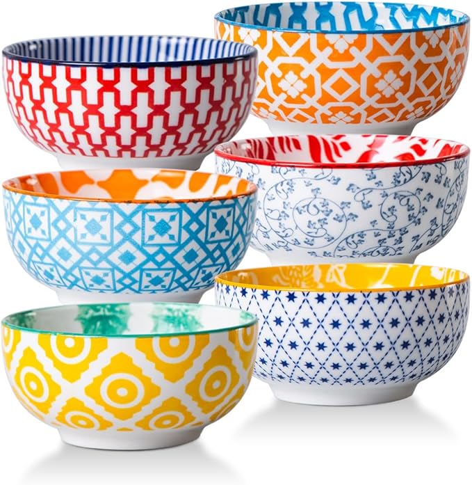 Cerkik Ceramic Dipping Bowls Set - Mini 4 Oz Dessert Bowls - Small 3.5 Inch Porcelain Bowls for Side Dishes, Snack, Yogurt, Appetizer - Microwave Dishwasher Safe - Set of 6 - Assorted Colors