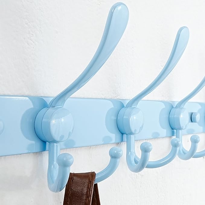 Dseap Coat Rack Wall Mount - 38??Long 10-Tri-Hooks Heavy Duty Coat Hanger Rail Wall Hooks for Hanging Coats Hats Clothing Clothes Purse Mudroom Entryway, Blue, Pack of 2