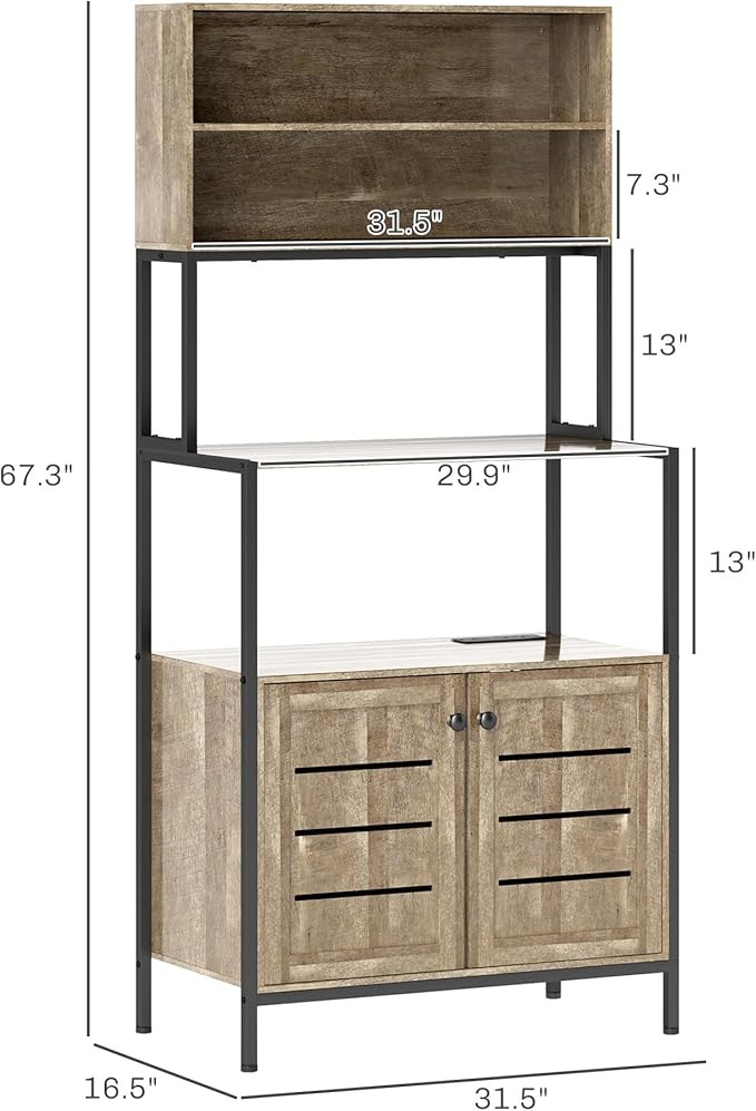 HOMCOM Kitchen Bakers Rack with Power Outlet, Coffee Bar Cabinet with Storage Shelves, Microwave Stand with Louvred Door Cabinets, Gray Wood Grain
