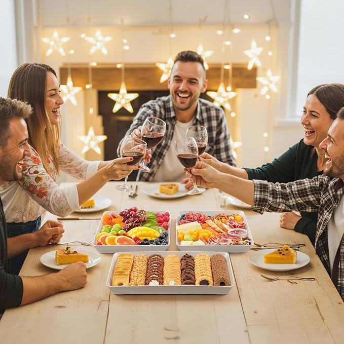 Lifewit Plastic Serving Tray for Party, 6 Pcs White Trays for Serving Food, Reusable Platters for Buffet, Fruit, Cookie, Charcuterie, Appetizer, Snack, Rectangle, New Year Party Supplies, BPA Free