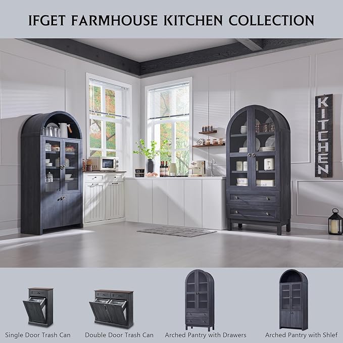 71" Tall Arched Kitchen Pantry Cabinet, Modern Farmhouse Kitchen Storage Cabinets with Open & Adjustable Shelves, Hidden Drawer & Glass Door, Versatile Cupboard for Kitchens, Dining Room, Grey