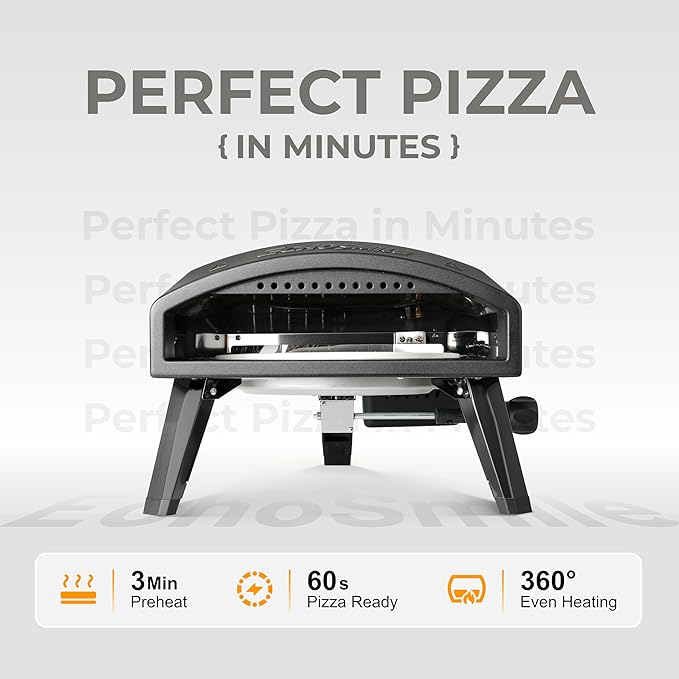 EchoSmile 12'' Gas Outdoor Pizza Oven, Propane Pizza Cooker Reaches 950째F, 60 Seconds Fast Cooking, Includes Gas Hose, Flame Control Knob, Extended Heat Handle, Black