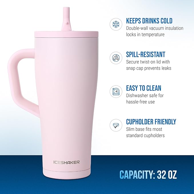 Ice Shaker 32 oz Tumbler with Handle and Straw | 32oz Oakley | Cold for 30+ Hours | 2-in-1 Tumbler Shaker Bottle | Odor-Free 32 ounce Bottle for Water, Protein Shakes, Smoothies, Cocktails