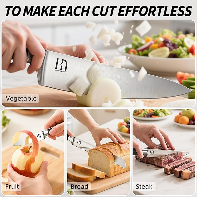 KnifeSaga Knife Set, 15 Pcs Kitchen Knife Block Sets with Sharpener, Japanese High Carbon Stainless Steel Set of Knives, Premium Razor Sharp Black Knives Set with Block for Kitchen, Ergonomic Handle