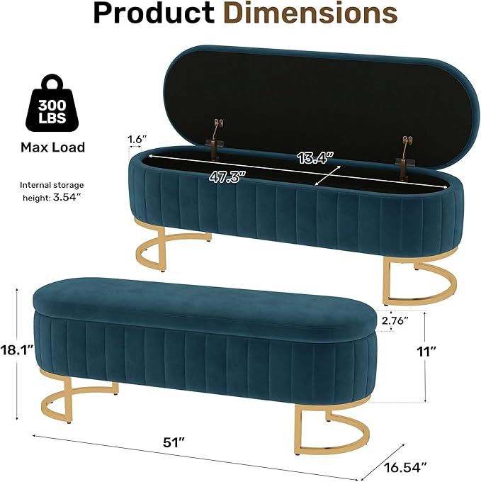 VIROL 51 Inch Storage Ottoman Bench Velvet End of Bed Storage Bench King Size Upholstered Tufted Bench Large Space for Bedroom Living Room Entryway Dark Blue