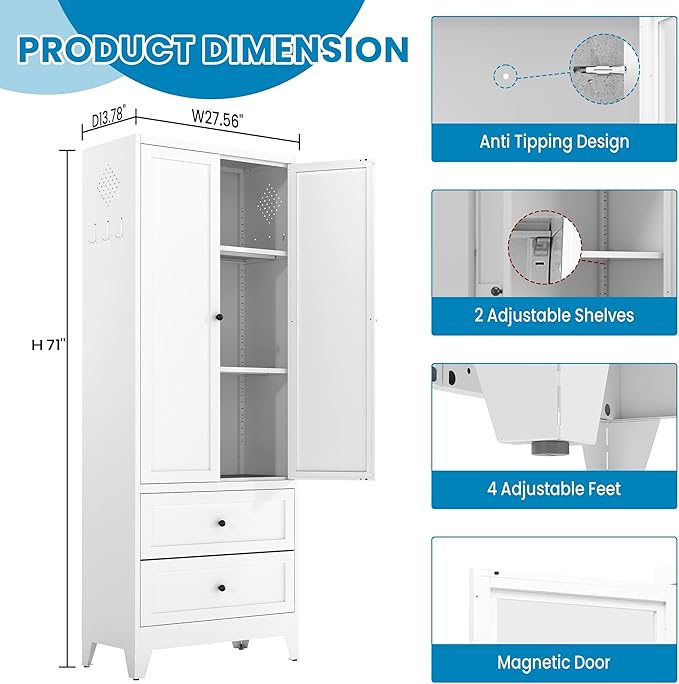 White Steel Pantry Cabinet with 2 Drawers & 2 Adjustable Shelves, Tall Metal Storage Cabinets for Kitchen, Living Room, Bathroom, Heavy Duty Freestanding Utility Cabinet, Assembly Require