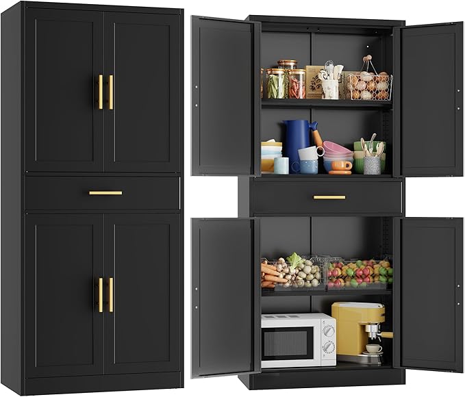 CJF 71" H Metal Kitchen Pantry Storage Cabinet, Freestanding Cupboard with Adjustable Shelves and 1 Drawer, Standing Storage for Kitchen, Bathroom, Garage, Dinning Room or Utility Room（Black）