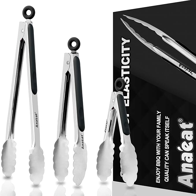 Anaeat Premium Kitchen Locking Tong Set of 3 - Heavy Duty Stainless Steel Food Tongs with Long Handle & Non-Slip Silicone Grip for Cooking, Baking, Grilling - Heat Resistant up to 480째F