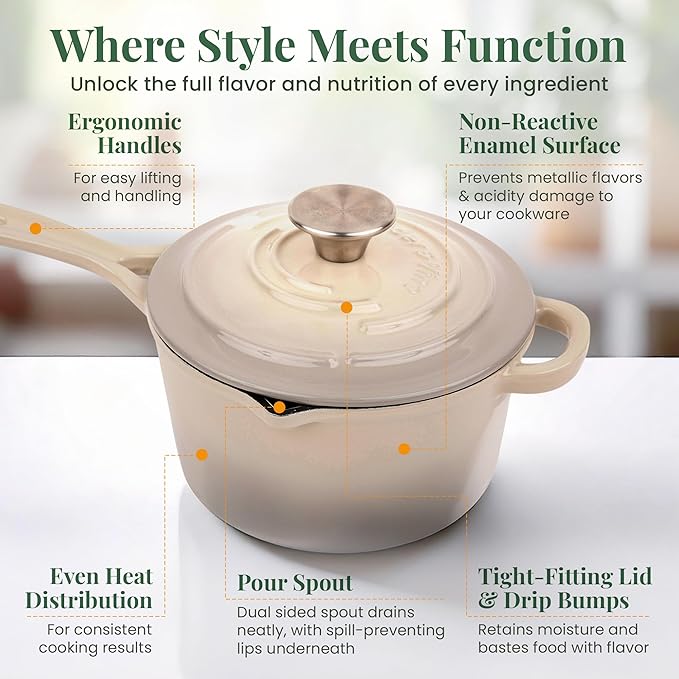 Larder & Vine Enameled Cast Iron Saucepan | 2.2 qt Sauce Pan with Lid | Saucepan with Pour Spouts | Enameled Cast Iron Pot Compatible on All Cooktops & Oven Safe to 500째 F | Stone