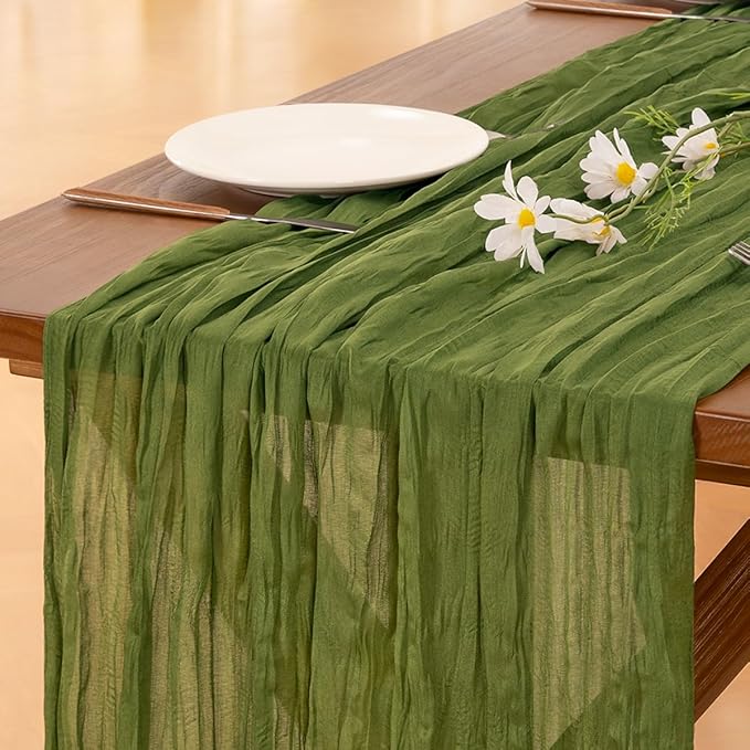 Socomi 3pcs Olive Green Valentine's Day Cheesecloth Table Runner Boho Rustic Gauze 120 inch 10FT Cheese Cloth Runner for Wedding Party Baby Shower Birthday Home Decor Holiday Decorations