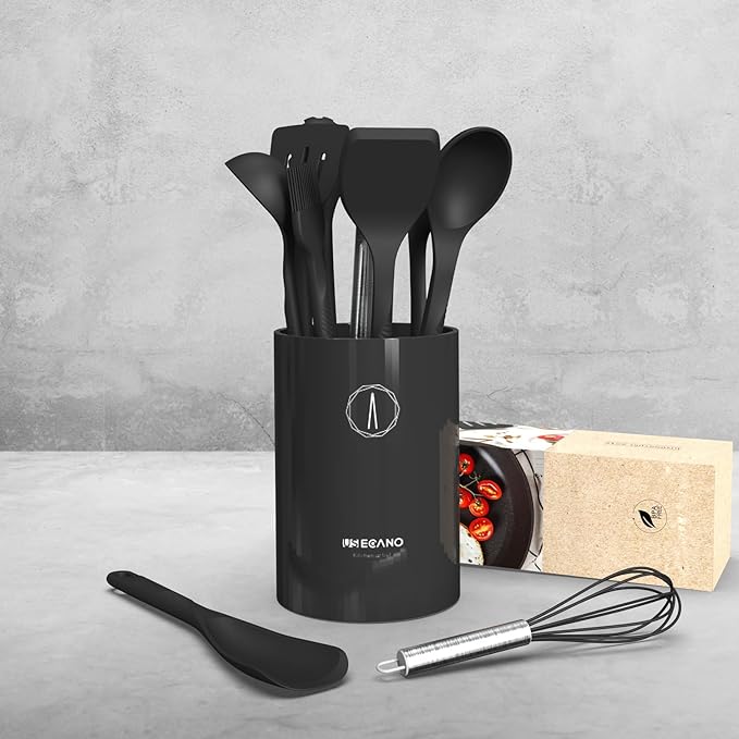 Silicone Cooking Utensils Set - 600째F Heat Resistant, Nonstick Kitchen Utensil Set with Spatulas, Spoons, Whisk, Tongs, BPA Free, Dishwasher Safe, Black