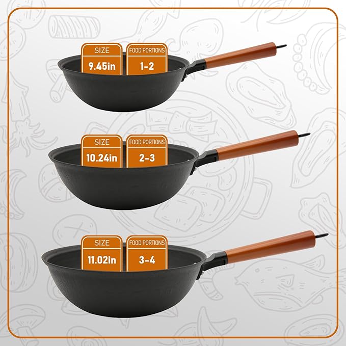 Nonstick Frying Wok Pan Hybrid, 11 Inch Preseasoned Deep Stir Fry Pan Skillet with Glass Lid, Traditional Chinese Cast Iron Wok, No Coated Saucepan for Induction, Electric, Gas, Grill Stoves