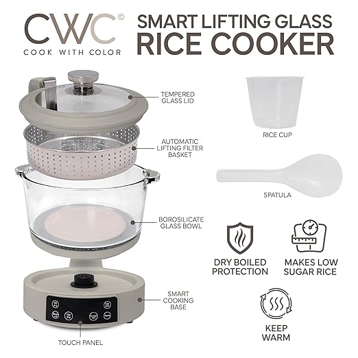 COOK WITH COLOR 3L Glass Mini Low Carb Rice Cooker ??Holds 2 Cups Raw/Makes 6 Cups Cooked with Auto Lift Filter Basket, Hotpot & Steamer for Rice, Grains, Digital Panel with Keep Warm, Greige