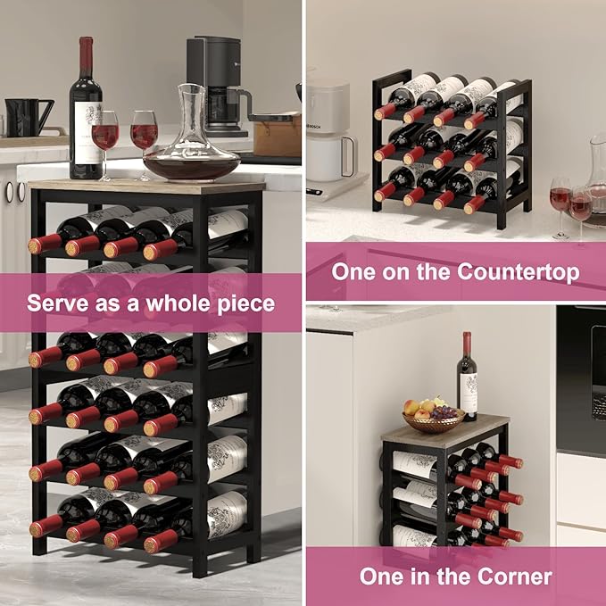 6 Tier Bamboo Wine Rack Freestanding Floor, 24 Bottles Wine Storage Shelves with Table Top, Stackable Wine Display Rack for Kitchen, Bar, Dining Room, Ivory White and Black