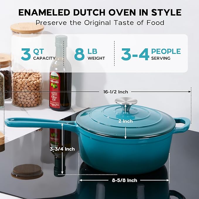 Onader 3QT Enameled Cast Iron Saucepan with Lid, Small Sauce Pan, Enamel Cast Iron Dutch Oven Cooking Pot, Nonstick & Heavy Duty ??Dark Cyan