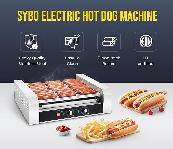 SYBO Hot Dog Roller, 30 Hot Dogs 11 Rollers Grill Cooker Machine with Removable Stainless Steel Drip Tray, 1430-Watts, Ideal for Commercial And Party Use
