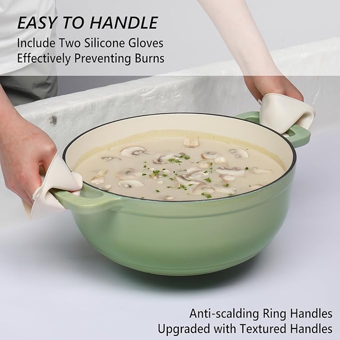 VINGLI 6QT Enameled Cast Iron Round Dutch Oven Pot with Lid, NonStick Casserole Pot with Dual Handles & Silicone GlovesRed, Oven Safe up to 500째F or on Stovetop, Dutch Oven for Bread Baking, Green