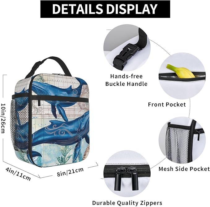 VANZEV Vintage Ocean Whale Lunch Box for Adults Women Girls Boys Kids Nautical Ocean Animal Lunch Box Insulated Cooler Reusable Lunch Bag Container Gifts for Work Office Picnic Travel School