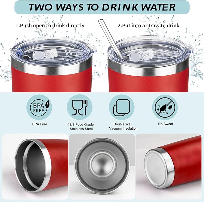ATIKZHE 20oz Tumbler with Straw and Brush, Stainless Steel Vacuum Insulated tumbler, Double Wall Insulated Coffee Tumbler for Outdoor, Home, Travel,Office (Bright Red,8pcs)