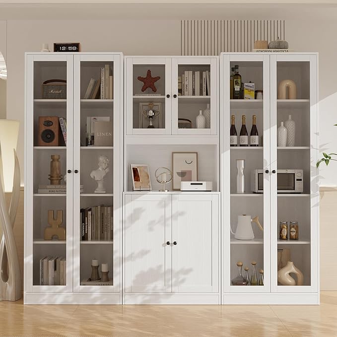 VOWNER 3PCS Bookshelf and Bookcase, 5-Tier Modern Bookshelves with 3 Large Drawer, Glass Display Cabinet with Lager Storage Shelf, Combination Storage Shelves for Home Office, White (CAC)