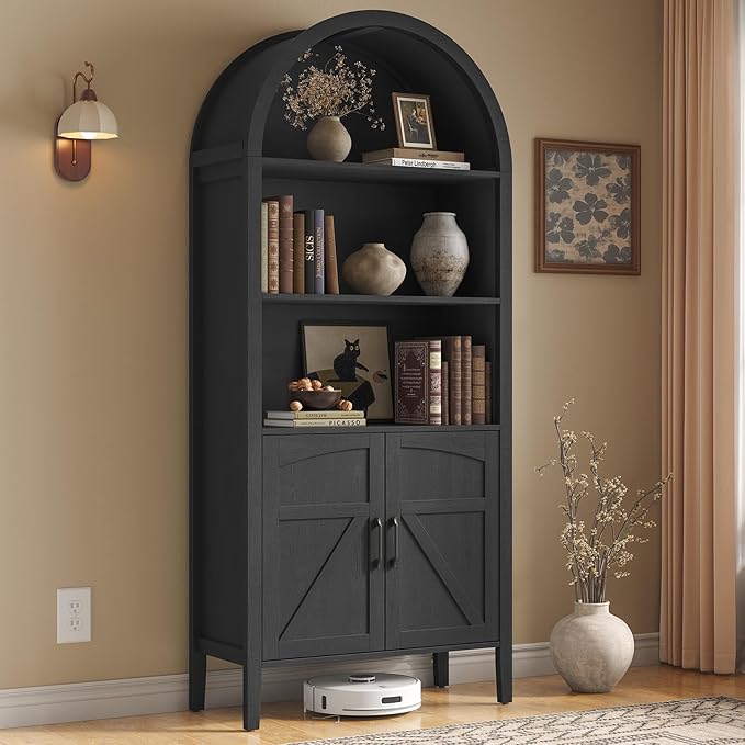 ONBRILL 71" Tall Arched Bookshelf, 5-Tier Arched Bookcase with Door & Storage Cabinet, Farmhouse Display Bookshelf Cabinet with Adjustable Shelf, Freestanding Wood Bookcase for Home Office, Study